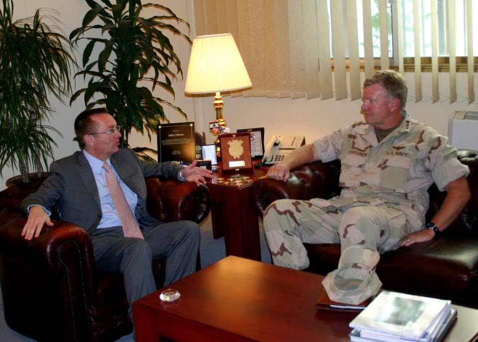 US Navy 060821-N-2893B-001 Commander, Joint Task Force (JTF) Lebanon, Vice Adm. J. Boomer Stufflebeem, discusses the transfer of authority with U.S. Ambassador to Lebanon Jeffrey Feltman
