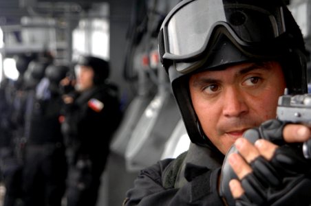 US Navy 060826-N-8298P-026 A Chilean Naval Coast Guard's Visit Board Search and Seizure (VBSS) team conducts training aboard the Chilean M-class frigate Blanco Encalada (FF 15), during exercise PANAMAX 2006