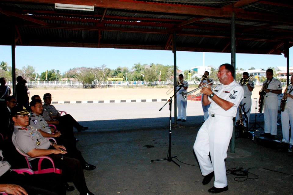 US Navy 060821-N-3714J-055 Navy Musician 1st Class Brian Grondell of Dedham, Mass., a member of the U.S. Navy Showband embarked with the Medical Treatment Facility aboard the Military Sealift Command hospital ship USNS Mercy (T