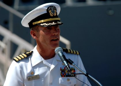 US Navy 060829-N-1332Y-142 The Commanding Officer of the guided missile cruiser USS Chancellorsville (CG 62), Capt. King Dietrich, addresses U.S. Navy and Japan Maritime Self-Defense Force officials