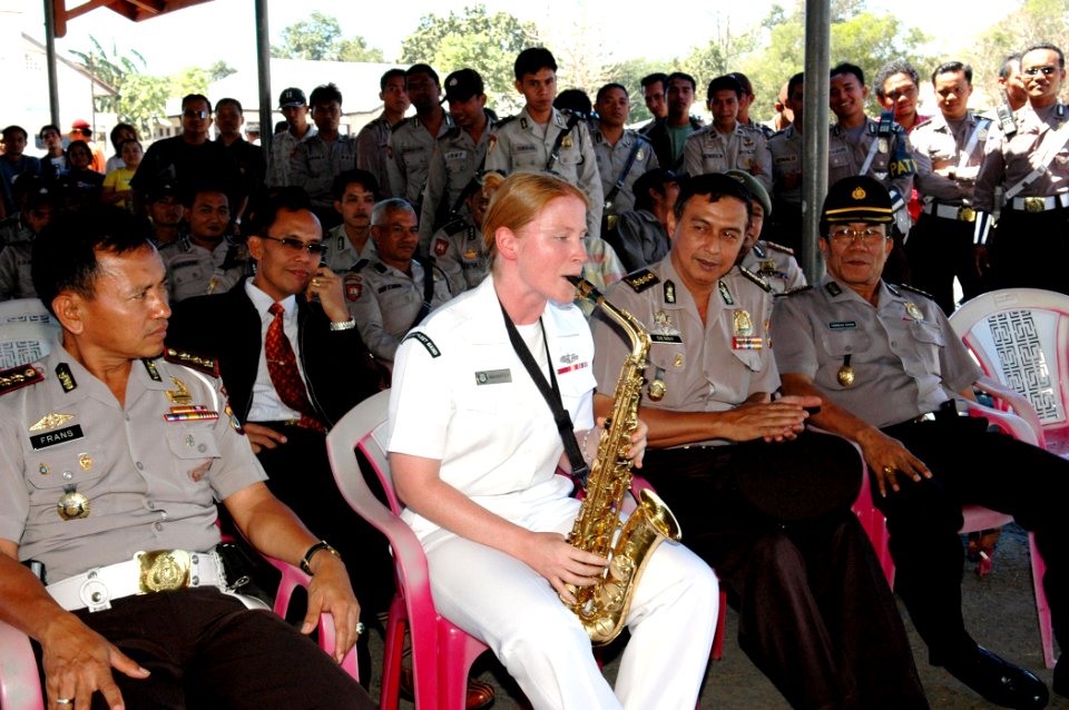US Navy 060821-N-3714J-069 Navy Musician 2nd Class Kerry Mahaffey, a member of the U.S. Navy Showband embarked with the Medical Treatment Facility aboard the Military Sealift Command hospital ship USNS Mercy (T-AH 19), plays th