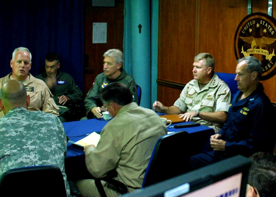 US Navy 060817-N-6544L-006 Vice Adm. J. Boomer Stufflebeem meets with his senior advisors during a joint task force (JTF) planning meeting aboard the amphibious command ship USS Mount Whitney (LCC-JCC 20)