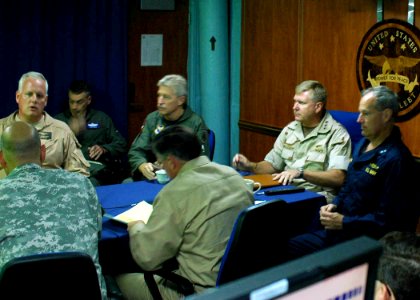 US Navy 060817-N-6544L-006 Vice Adm. J. Boomer Stufflebeem meets with his senior advisors during a joint task force (JTF) planning meeting aboard the amphibious command ship USS Mount Whitney (LCC-JCC 20)
