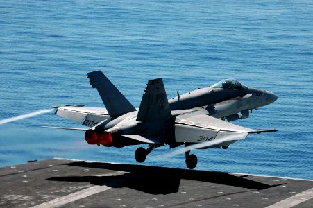 US Navy 060821-N-8604L-373 An F-A-18C Hornet assigned to Strike Fighter Squadron One Nine Two (VFA-192) launches off the flight deck aboard the conventionally-powered aircraft carrier USS Kitty Hawk (CV 63) during flight operat
