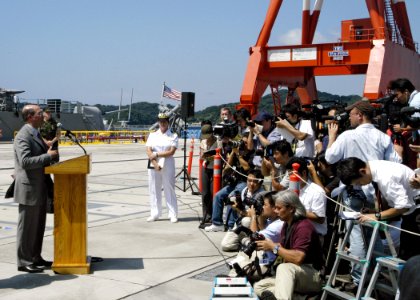 US Navy 060829-N-4649C-217 Secretary of the Navy, the Honorable Dr. Donald C. Winter, answers questions for the local Japanese media during his visit to Commander, Fleet Activities Yokosuka, Japan