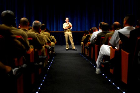US Navy 060823-N-0696M-046 Chief of Naval Operations (CNO) Adm. Mike Mullen answers questions during an all-hands call in the auditorium at the Pentagon