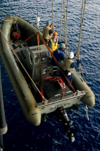 US Navy 060829-N-8604L-065 USS Kitty Hawk Sailors (CV 63) hold onto lifelines as a Rigid Hull Inflatable Boat (RHIB) is lifted from the water after participating in a small boat in distress and rescue drill