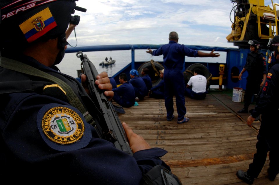 US Navy 060827-N-8298P-124 Ecuadorian Visit Board Search and Seizure (VBSS) team members from the Ecuadorian naval war ship Corvette BAE El Oro (CM 14), conduct training aboard a merchant vessel during exercise PANAMAX 2006