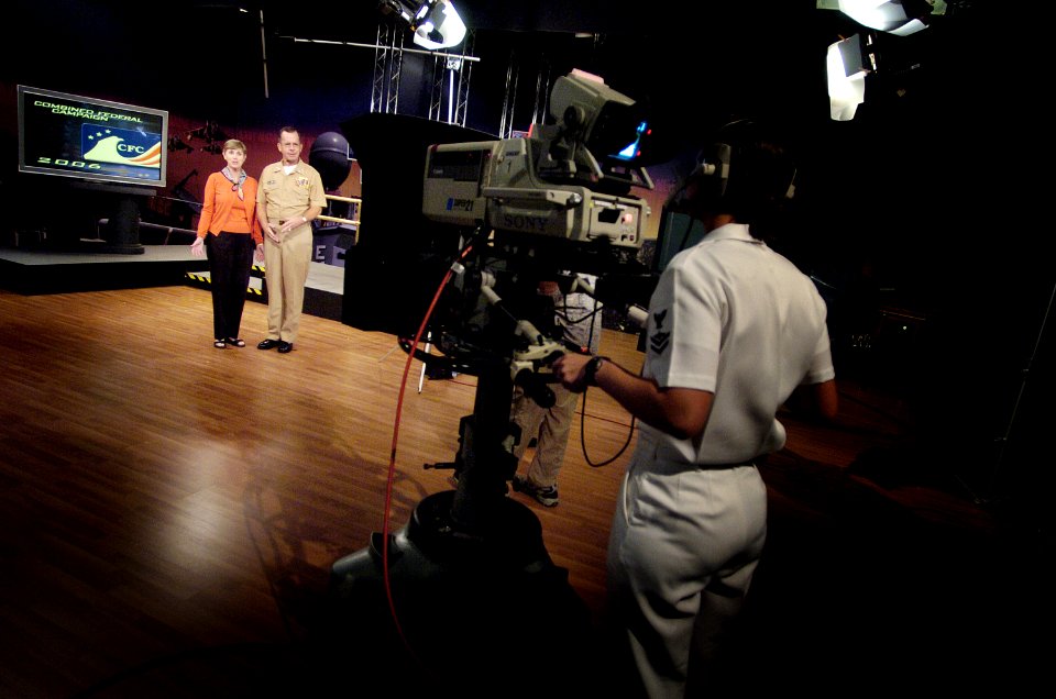 US Navy 060830-N-0696M-015 Chief of Naval Operations (CNO) Adm. Mike Mullen and his wife, Deborah, tape public service announcements (PSA) at the Naval Media Center in Washington, D.C. on Aug. 30, 2006