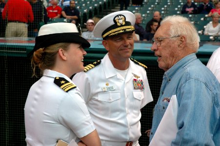 US Navy 060830-N-1805P-004 Lt. Cmdr. Elizabeth Zimmermann, amphibious transport dock ship USS Cleveland (LPD 7) Commanding Officer, Capt. Frank McCulloch and Major League Baseball Hall of Fame Inductee and World War II Navy vet