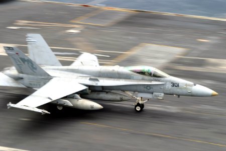 US Navy 060827-N-8591H-341 An F-A-18C Hornet assigned to Strike Fighter Squadron One Nine Two (VFA-192) makes an arrested landing aboard USS Kitty Hawk (CV 63)
