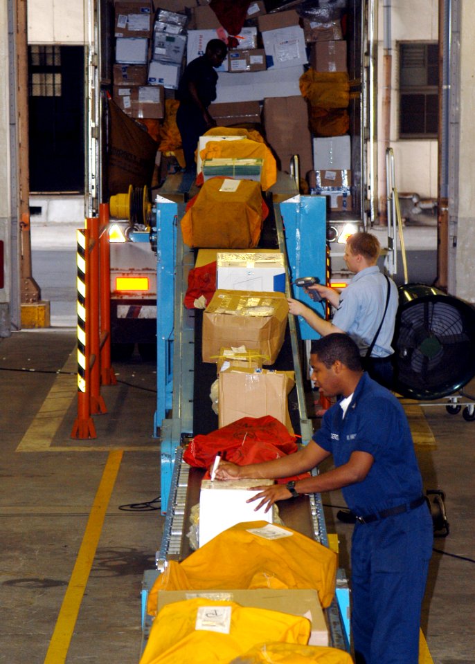 US Navy 060828-N-2716P-014 Postal clerks assigned to Fleet Mail Center, Yokohama, unload a truck of incoming mail so that it can be inspected, processed and distributed