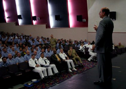 US Navy 060829-N-1113S-001 Secretary of the Navy (SECNAV), the Honorable Dr. Donald C. Winter, speaks to an auditorium of Sailors during an all hands call on board Naval Air Facility Atsugi
