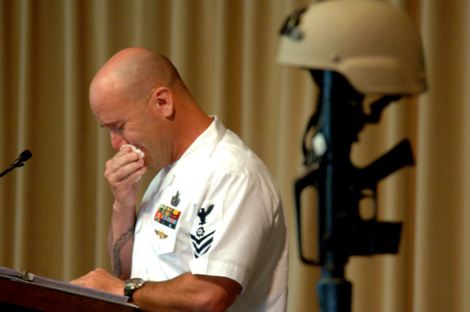 US Navy 060829-N-5555T-002 Explosive Ordnance Disposal Technician 1st Class Pressley assigned to Explosive Ordnance Disposal Mobile Unit Two (EODMU-2) reflects on the life of his fallen shipmate