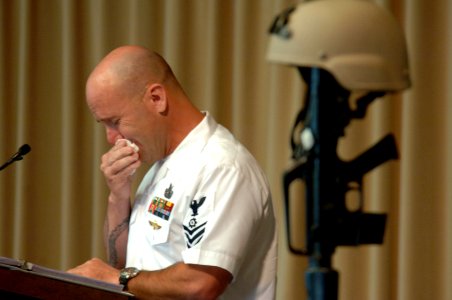 US Navy 060829-N-5555T-002 Explosive Ordnance Disposal Technician 1st Class Pressley assigned to Explosive Ordnance Disposal Mobile Unit Two (EODMU-2) reflects on the life of his fallen shipmate