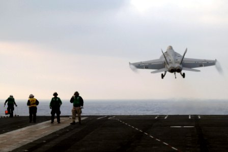 US Navy 060831-N-8158F-517 An F-A-18 Hornet assigned to the Fighting Redcocks of Strike Fighter Squadron Two Two (VFA-22) launches from the flight deck aboard the nuclear-powered aircraft carrier USS Nimitz (CVN 68)