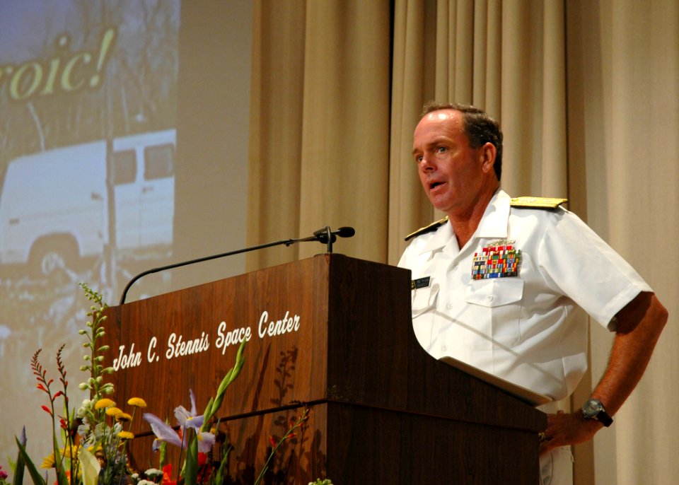 US Navy 060829-N-7032L-001 Commander, Naval Meteorology and Oceanography Command Rear Adm. Timothy McGee, speaks at the Anniversary Observance of Hurricane Katrina at the Stennis Space Center