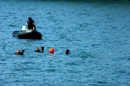 US Navy 060829-N-9818V-080 U.S. Coast Guardsmen assigned to Maritime Safety Security Team (MSST) 91103, use the Integrated Anti-Swimmer equipment with divers in the water during Exercise Seahawk 2006