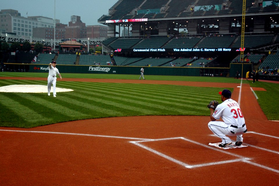 US Navy 060828-N-1805P-006 Chief of Naval Personnel Vice Adm. John C. Harvey Jr. throws out the ceremonial first pitch, during a Major League Baseball game between the Cleveland Indians and Toronto Blue Jays