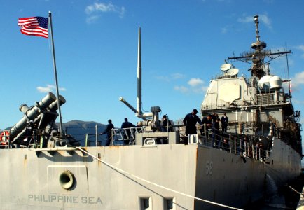 US Navy 061110-N-0780F-004 Sailors prepare to conduct mooring operations as the guided-missile cruiser USS Philippine Sea (CG-58) arrives in Souda Harbor for a routine port visit