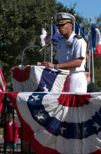 US Navy 061111-N-3750S-057 USS San Antonio (LPD 17) Commanding Officer of the Cmdr. Brad Lee, gives the keynote speech during the Veterans Day Ceremony at Fort Sam Houston