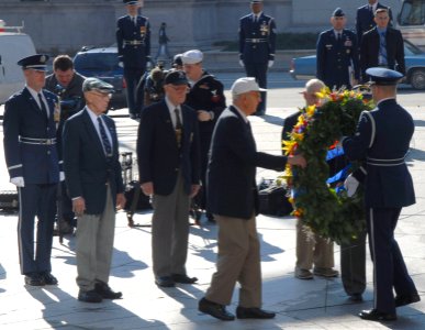 US Navy 061109-F-0000X-001 Surviving members of the Doolittle Raiders paid tribute to the U.S. Navy and USS Hornet (CVA 8) during a wreath laying ceremony at the Navy Memorial