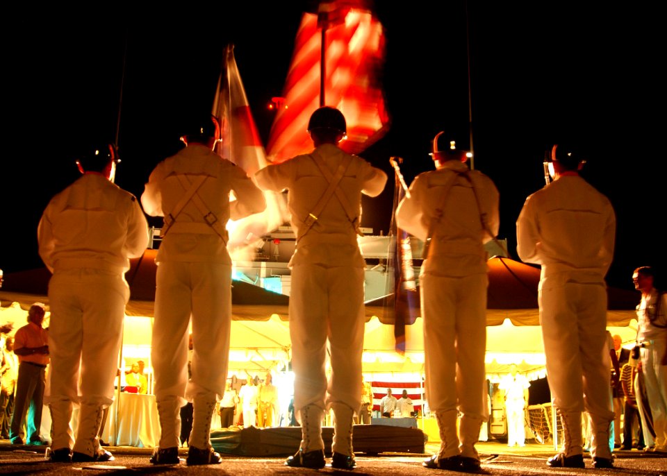 US Navy 061115-N-3285B-169 The Oliver Hazard Perry-class frigate USS Stephen W. Groves (FFG 29) Ceremonial Honor Guard members parade the colors