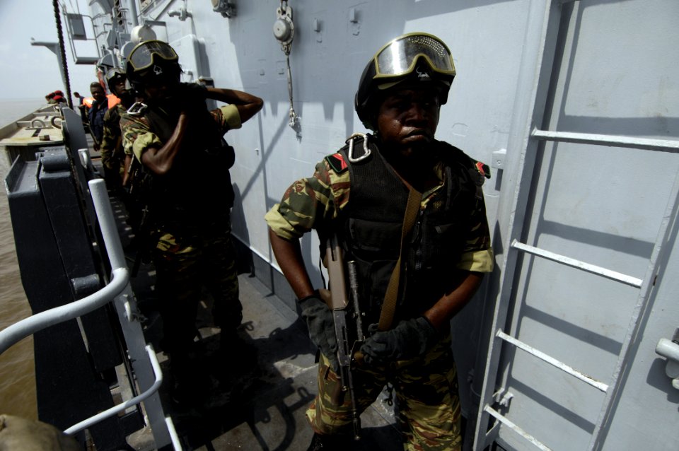US Navy 061121-F-0560B-233 Cameroonian Navy Sailors board the French Frégates de surveillance FS Germinal F735 while performing a visit, board, search and seizure drill (VBSS) in Douala, Cameroon, during exercise RECAMP V