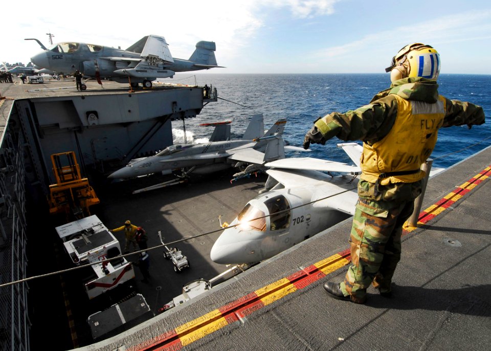 US Navy 061111-N-3729H-301 A flight deck handling member performs hand signals to communicate with elevator operators to lower aircraft and support equipment from the flight deck to the hangar bay aboard the nuclear-powered air