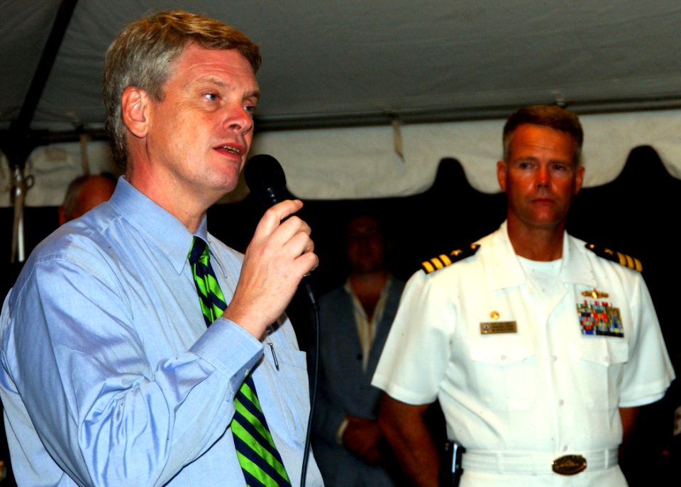 US Navy 061115-N-3285B-204 Consul General to the Netherlands Antilles Robert E. Sorenson speaks at a reception held aboard the Oliver Hazard Perry-class frigate USS Stephen W. Groves (FFG 29)