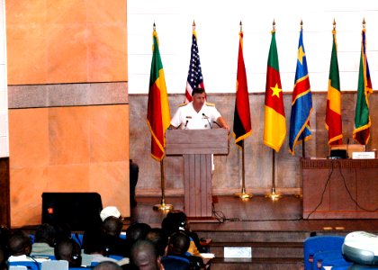 US Navy 061113-N-2893B-001 Director of Strategy and Policy for Commander, U.S. Naval Forces Europe (CNE), Rear Adm. Phil Greene, delivers welcoming remarks at the Maritime Safety and Security at the Gulf of Guinea Ministerial C photo