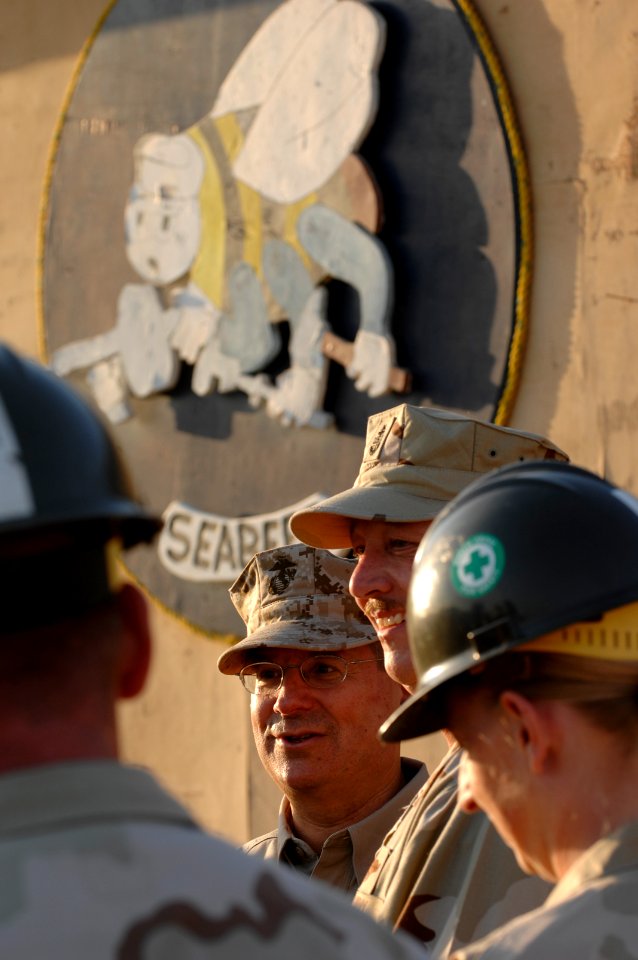 US Navy 061122-N-3642E-004 Secretary of the Navy (SECNAV) The Honorable Dr. Donald C. Winter wishes Sailors and Marines stationed at Camp Moreell a Happy Thanksgiving and gives thanks for their service during his visit to Ali A