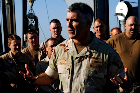 US Navy 061123-N-8148A-251 Commander, Task Force Five Four (CTF-54), Capt. Glen R. Sears II, thanks Sailors assigned to the Military Sealift Command (MSC) fast combat support ship USNS Supply (T-AOE 6)