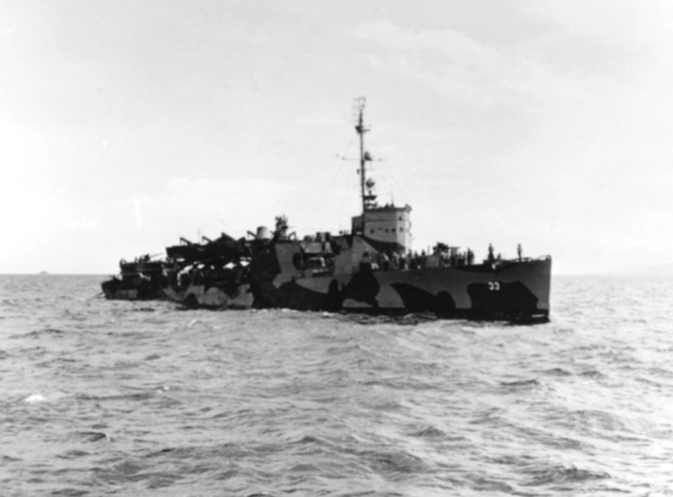 USS George E. Badger (APD-33) in Leyte Gulf on 18 November 1944 (80-G-359766)