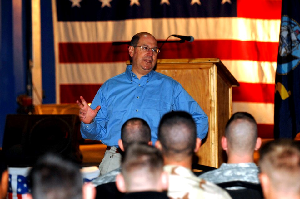 US Navy 061124-N-3642E-001 Secretary of the Navy (SECNAV) The Honorable Dr. Donald C. Winter wishes thanks to Sailors and Marines stationed at Al Asad Air Base during an all hands call