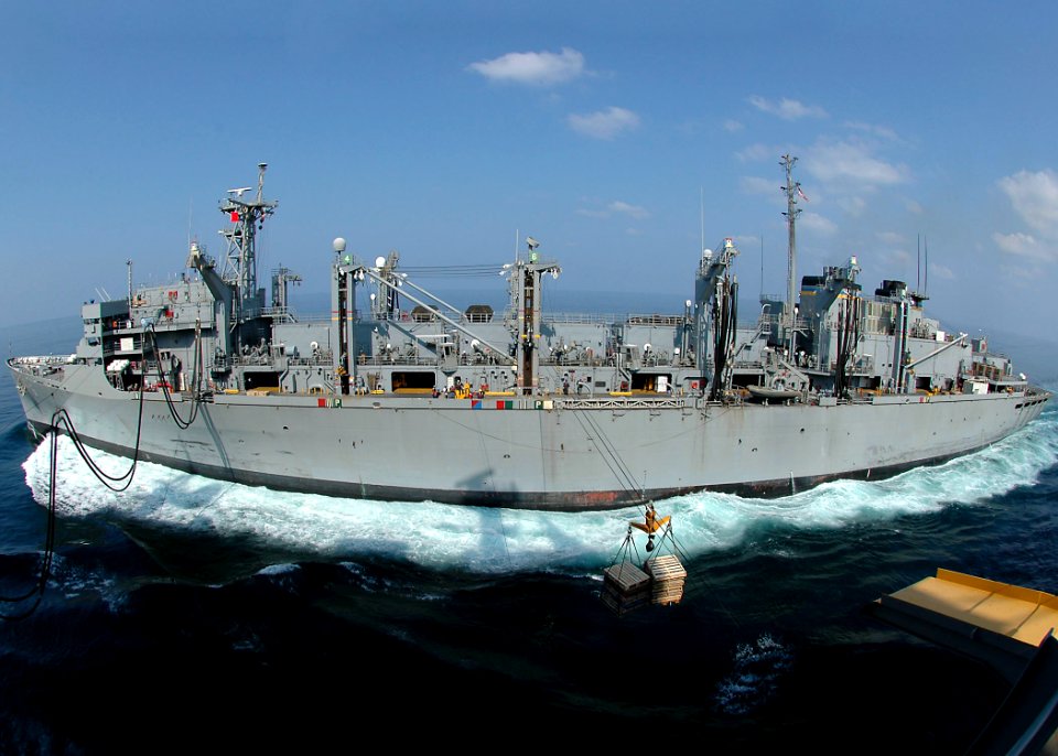 US Navy 061118-N-8547M-012 Amphibious assault ship USS Saipan (LHA 2) performs a replenishment at sea (RAS) and connected replenishment (CONREP) simultaneously with Military Sealift Command fast-combat logistic support ship US