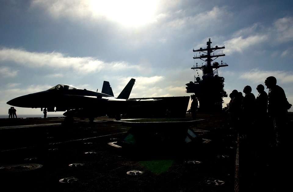 US Navy 061120-N-7130B-111 An F-A-18C Hornet prepares to launch from the flight deck aboard the Nimitz-Class aircraft carrier USS Ronald Reagan (CVN 76) during a fly-off by Carrier Air Wing Four One (CVW-14)