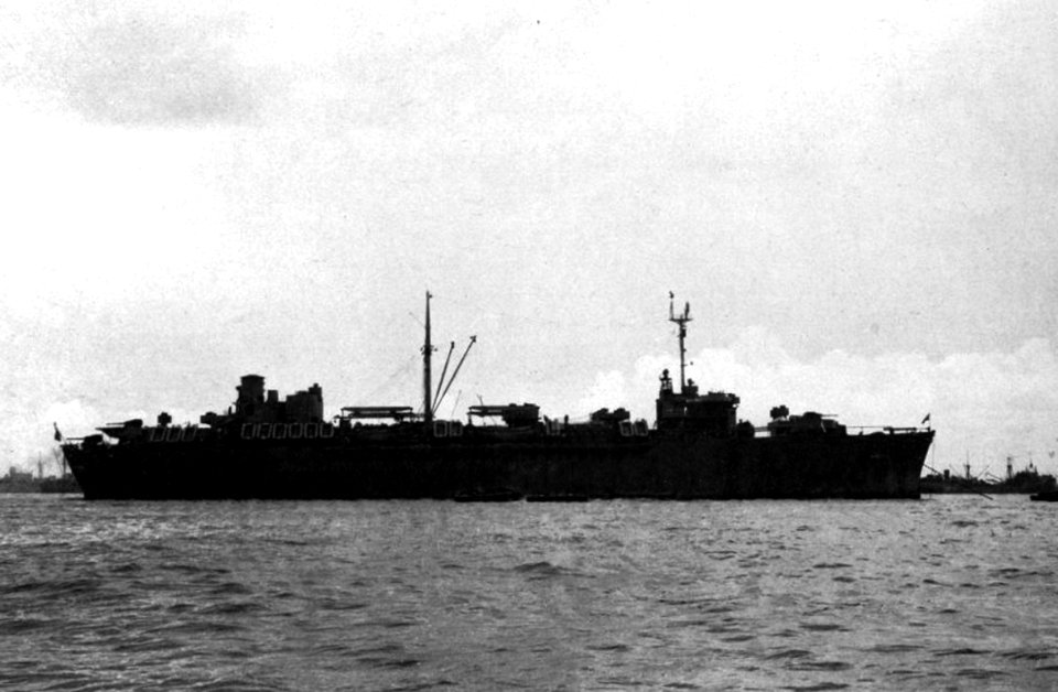 USS General R. M. Blatchford (AP-153) at anchor, in 1945