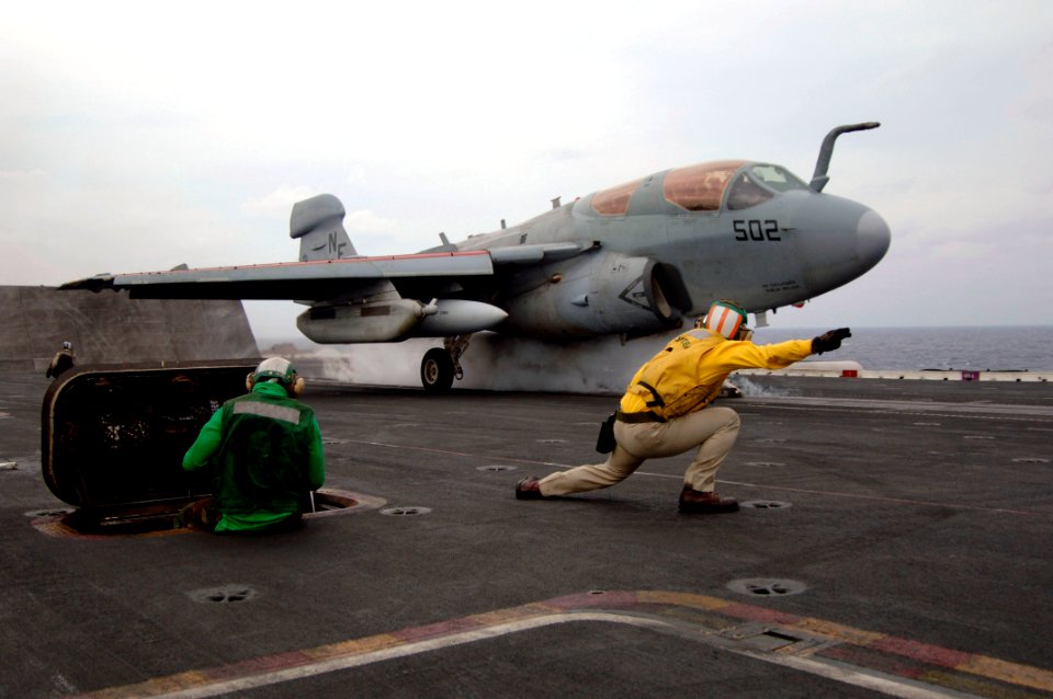 US Navy 061201-N-6106R-029 An EA-6B Prowler assigned to Electronic Warfare Squadron One Three Six (VAQ-136) launches off the flight deck of USS Kitty Hawk (CV 63) during flight operations