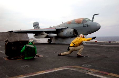 US Navy 061201-N-6106R-029 An EA-6B Prowler assigned to Electronic Warfare Squadron One Three Six (VAQ-136) launches off the flight deck of USS Kitty Hawk (CV 63) during flight operations
