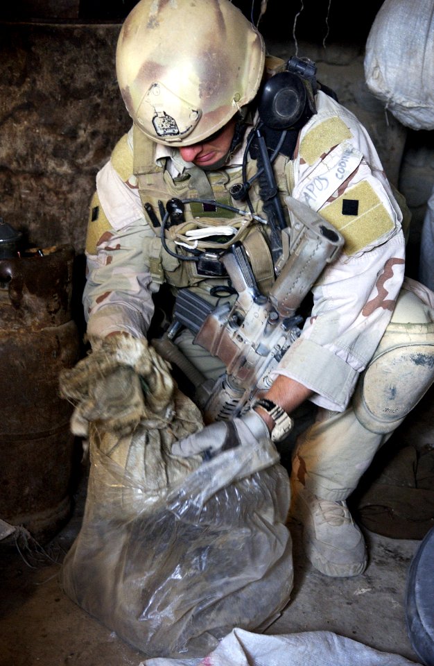 US Navy 061120-F-7426P-272 U.S. Navy Explosive Ordnance Disposal (EOD) Technician 1st Class Travis J. Schellpeper systematically searches outside a residence for any evidence of a weapons cache photo