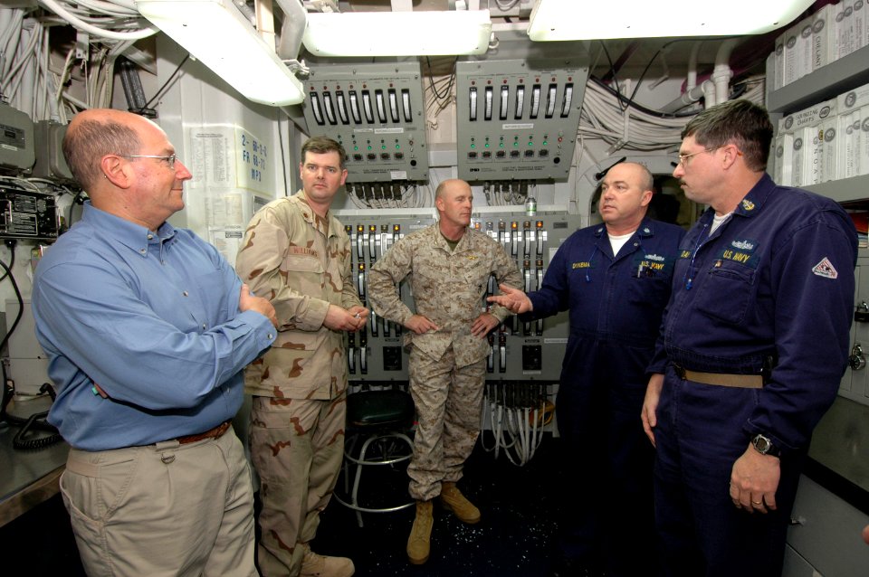 US Navy 061124-N-0209M-005 Secretary of the Navy (SECNAV) The Honorable Donald C. Winter meets Sailors aboard amphibious assault ship USS Boxer (LHD 4) during a visit to the ship