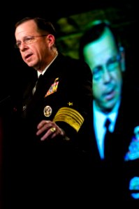 US Navy 061127-N-0696M-208 Chief of Naval Operations (CNO) Adm. Mike Mullen announces the naming of DDG 108 as USS Wayne E. Meyer at a ceremony celebrating the deliverance of the 100th Aegis Weapons System to the Navy photo