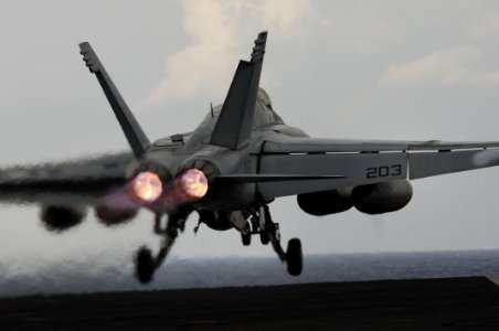 US Navy 061204-N-8591H-346 An F-A-18E Super Hornet assigned to Strike Fighter Squadron Two Seven (VFA-72) launches off the flight deck of USS Kitty Hawk (CV 63) during cyclic flight operations