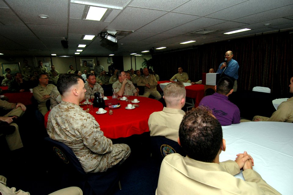 US Navy 061124-N-0209M-001 Secretary of the Navy (SECNAV) The Honorable Donald C. Winter expresses thanks and gratitude to leadership aboard amphibious assault ship USS Boxer (LHD 4) during a visit to the ship