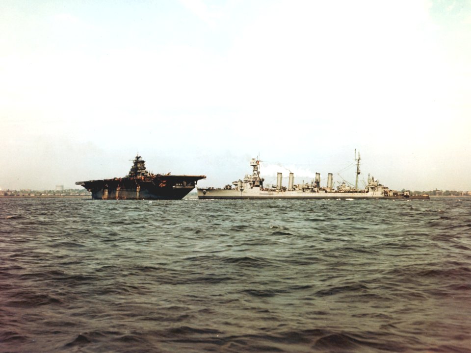 USS Franklin (CV-13) and USS Marblehead (CL-12) off New York in April 1945