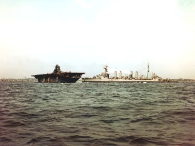 USS Franklin (CV-13) and USS Marblehead (CL-12) off New York in April 1945 photo