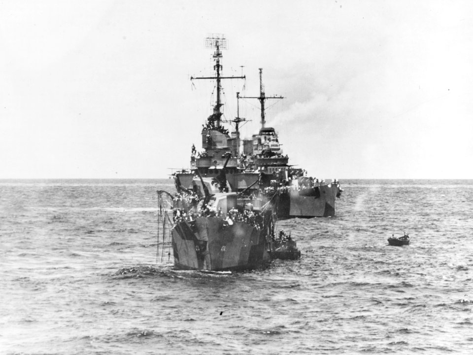 USS Fullam (DD-474) recovers survivors of USS Noa (APD-24) after their collision, 12 September 1944 (80-G-287120)