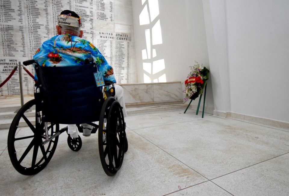 US Navy 061207-N-4965F-079 Pearl Harbor survivor Clarendon Hetrick views the shrine area of the USS Arizona Memorial following a joint U.S. Navy-National Park Service ceremony