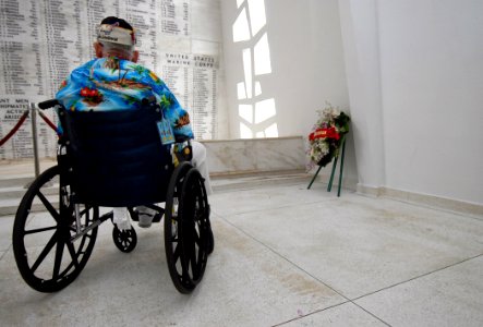 US Navy 061207-N-4965F-079 Pearl Harbor survivor Clarendon Hetrick views the shrine area of the USS Arizona Memorial following a joint U.S. Navy-National Park Service ceremony